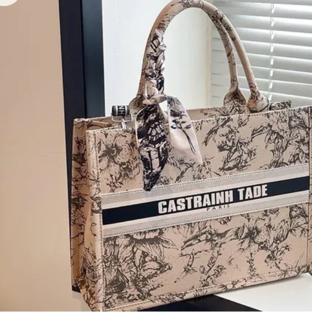 Beige Floral Logo Stripe Tote